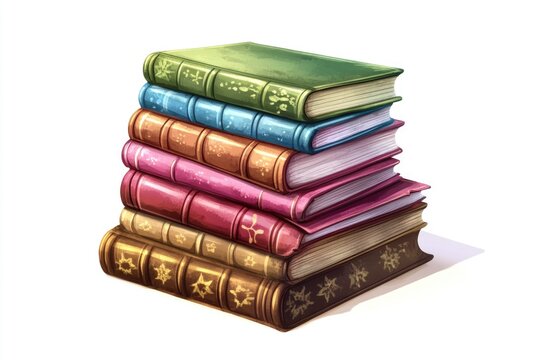 Illustrated stack of colorful vintage books, representing literature and knowledge, ideal for bookshelf decor, reading corner, or educational background image.
