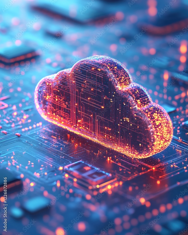 Poster digital cloud computing network technology on electronic circuit board close up
