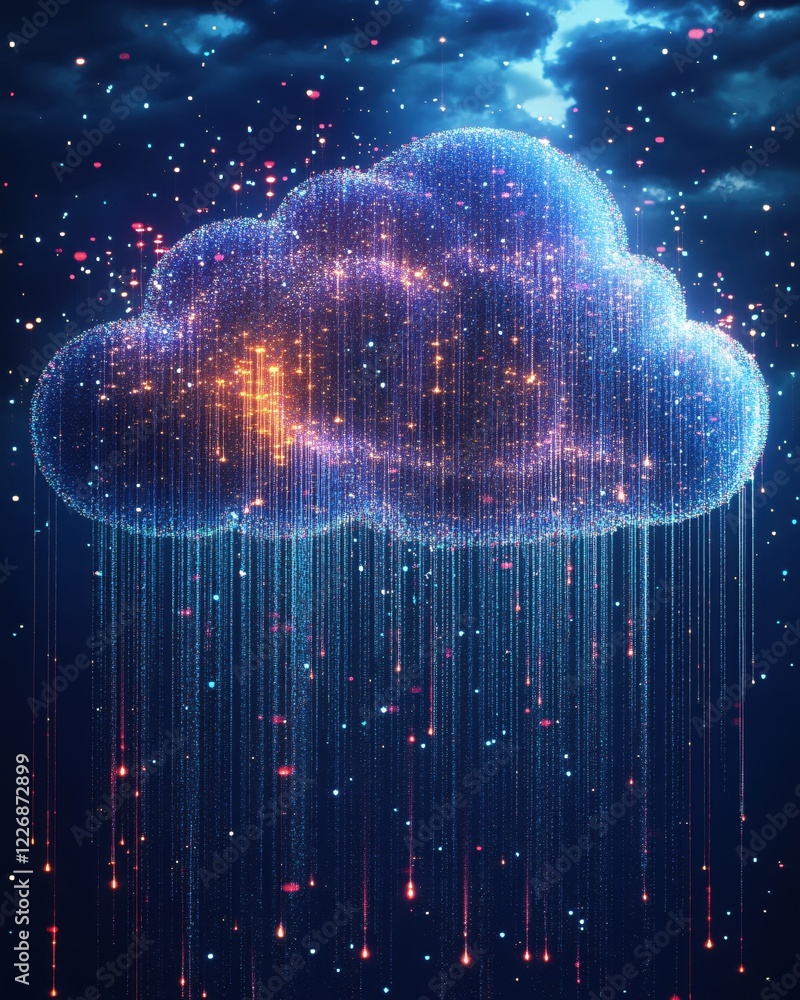 Poster digital cloud computing network concept with glowing particles and data streams on dark sky