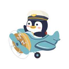 Cartoon of a Penguin Pilot Flying a Plane