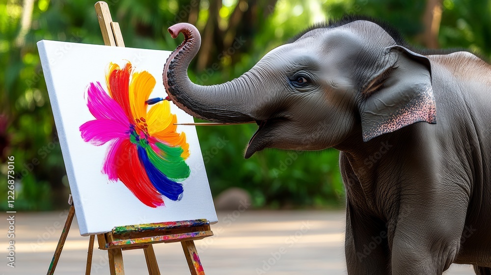 Poster baby elephant is painting a picture on a canvas. the elephant is using its trunk to hold a paintbrus