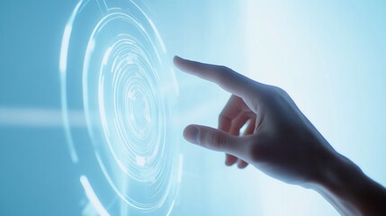 Hand interacting with glowing futuristic interface using touch technology for smart device control