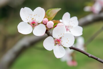 A close up of a branch with three white flowers. The flowers are small and delicate, with a pink center. Concept of beauty and tranquility, as the flowers are in full bloom and the setting is peaceful