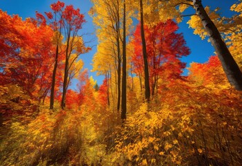 Fototapeta premium vivid autumn trees displaying brilliant array colorful leaves clear blue sky wonder, fall, colors, foliage, nature, landscape, orange, yellow, red, green