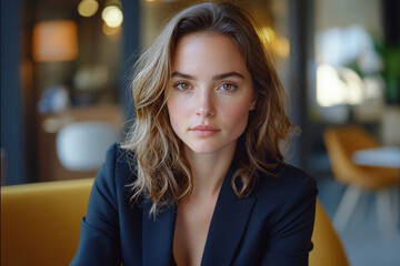 Elegant woman in stylish attire gazes thoughtfully in a cozy cafe setting