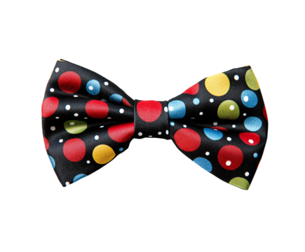 Colorful polka dot bow tie on a black background, perfect for festive occasions. Isolated on transparent white background, png	
