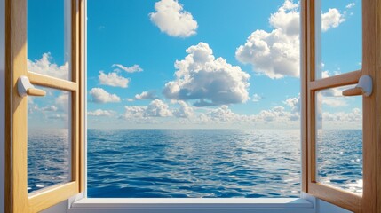 Open Window Ocean View Serene Seascape with Blue Sky and Fluffy Clouds