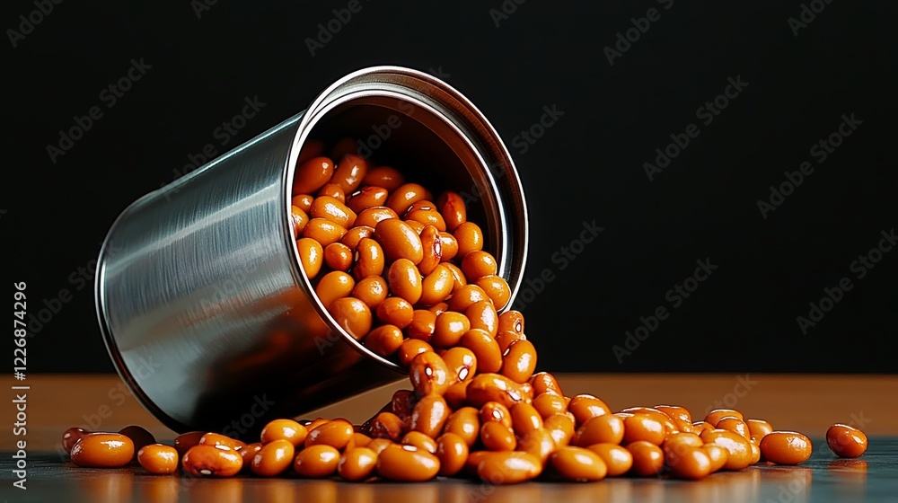 Poster can of beans is open and spilling out onto a table. the beans are scattered all over the table, crea