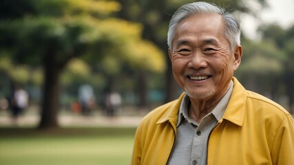 elderly asian male in yellow casual wear on a park background model portrait smiling for ad concept space for text
