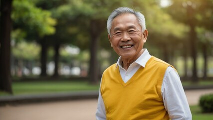 elderly asian male in yellow casual wear on a park background model portrait smiling for ad concept space for text