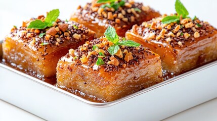 Golden baked dessert squares with nuts and mint garnish. Food photography for recipe blogs
