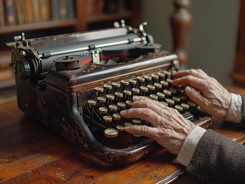 World writer's day elderly person types on a vintage typewriter in a warm, inviting library filled with books. Sunlight streams in, casting a nostalgic atmosphere over the scene