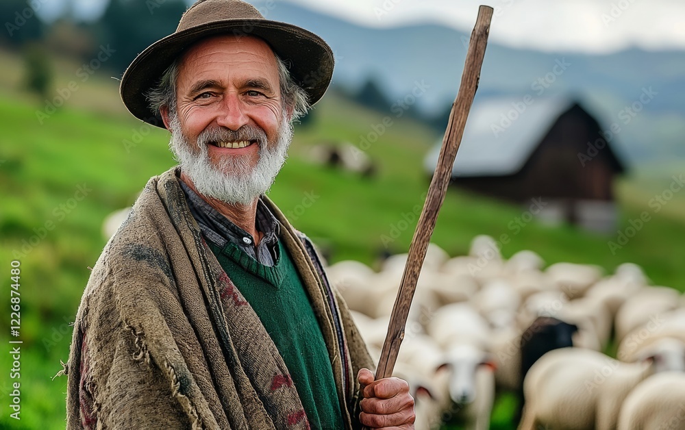 Poster man with a beard and a hat is smiling and holding a stick. he is surrounded by a group of sheep