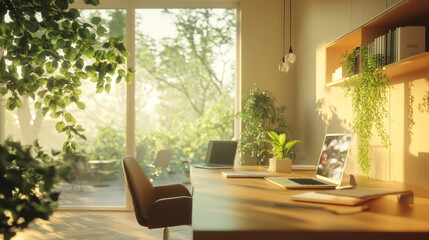 bright and serene home office with wooden desk, laptop, and plants, surrounded by large windows that let in natural light and greenery, creating peaceful workspace