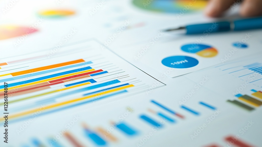 Poster close-up view of colorful charts and graphs on white paper with a blue pen in the background