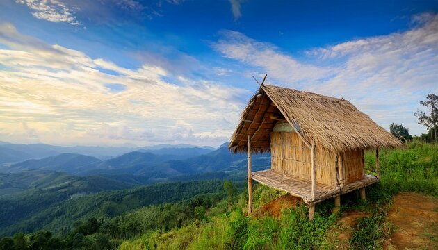 A Bahay Kubo in a mountain in the Philippines; Simple living in the mountain with blue sky; serene modern house