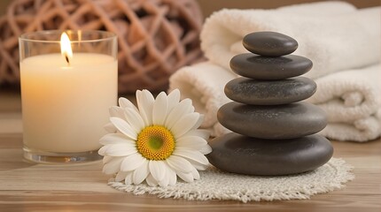 Tranquil Spa Setting With Candle, Stones, Towel, and White Daisy. generator AI