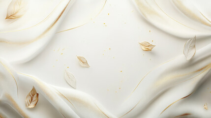 Elegant white fabric with gold accents and delicate leaves scattered
