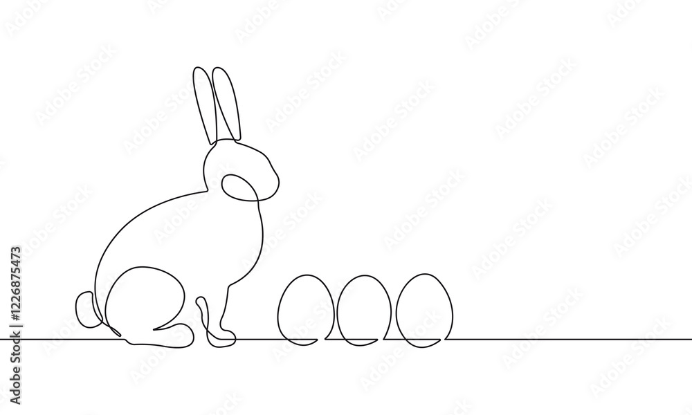 Poster continuous one line drawing of easter bunny with eggs. easter rabbit in simple linear style for spri