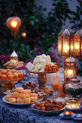 Variety of dessert items arranged on a table for a festive meal or gathering, with sweet and fruity flavors.