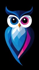 Obraz premium Stylized Owl Illustration with Blue, White, and Pink Design on Black Background