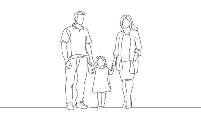 Happy Family Together One Line Vector Illustration. Continuous Single Line Drawing of Parents Holds Child. Happy Family Hand Drawn Contour Silhouette Outline Style.
