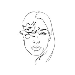 Woman Face with Flower Botanical Doodle Line Art Vector Illustration. Female Floral Head Abstract Sketch Doodle Art Design for Print, Boho Design, Home Decoration.