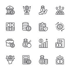 A set of money related icons including a bank, a calculator, a stack of coins