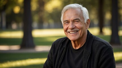 elderly american male in black casual wear on a park background model portrait smiling for ad concept space for text