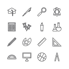 A set of school supplies including a calculator, ruler, and pen