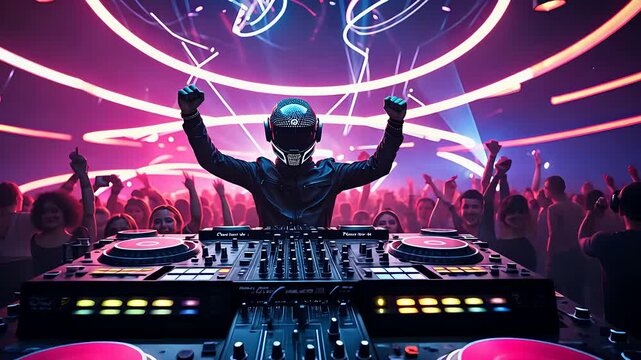 Futuristic DJ Wearing a Helmet Performing on Stage at a Vibrant Nightclub with a Crowd and Neon Light Effects

