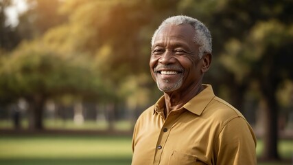 Obraz premium elderly african male in gold casual wear on a park background model portrait smiling for ad concept space for text