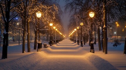 Snowy city park path, night lights, winter wonderland, background cityscape, travel