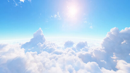 serene sky filled with fluffy white clouds under bright sun, creating peaceful atmosphere. vibrant blue sky enhances tranquil scene, inviting sense of calm and wonder