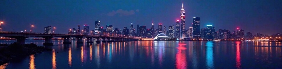 Obraz premium Glowing city skyline at night, holographic ads , future, color
