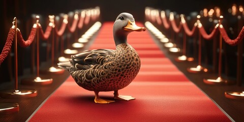 A duck on the red carpet at an event, standing in front of paparazzi lights.