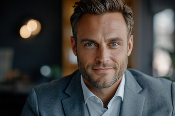 Confident man with striking blue eyes enjoying a moment of reflection indoors