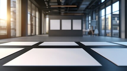 Blank canvases arranged on table in modern office promoting creativity and design