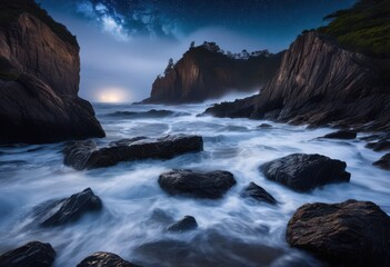 Obraz premium enchanting display mystical waves crashing onto jagged rocky shoreline illuminated subtle moonlight, ocean, sea, coastal, water, surf, marine, foam