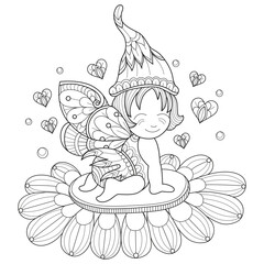 Little fairy on flower hand drawn for adult coloring book