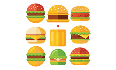 Burger and Fast Food Icons - Colorful Vector Illustrations of Various Hamburgers and Sandwiches