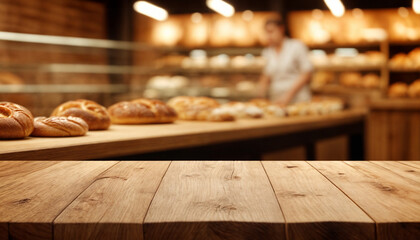 Empty wooden table in front with the blurred bakery is background