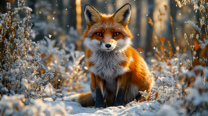 Fototapeta premium A red fox lying in a snowy forest with a curious expression