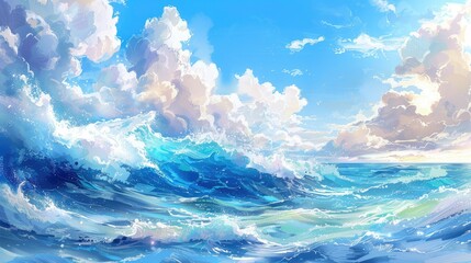 Ocean waves, white clouds in the sky
