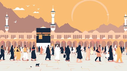 Group of People in Hajj Pilgrimage Flat Vector Illustration