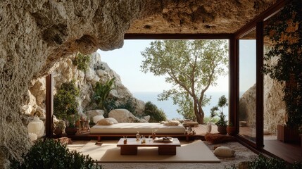 Cave home with ocean view, tranquil interior design, relaxation. Ideal for wellness, travel blogs