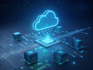 Futuristic cloud computing, glowing blue cloud icon, digital network, floating data blocks, neon circuit lines, holographic display, cyberpunk aesthetic,