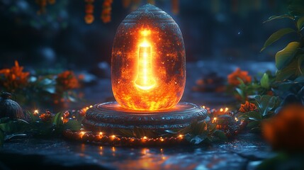 **A celestial Maha Shivratri festival card featuring a glowing Shivling, radiating divine energy, with Bilva leaves and sacred Rudraksha beads beautifully arranged.