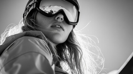 A woman wearing goggles and a jacket is standing in front of a snow-covered mountain. Concept of adventure and excitement, as the woman is likely preparing for a skiing or snowboarding trip