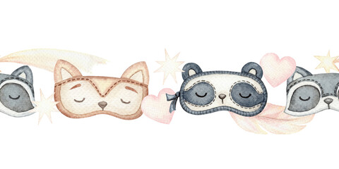 Fototapeta premium Pajama party seamless border with cute sleep masks surrounded with soft feathers and heart. Hand drawn watercolor illustration in cartoon style. Perfect for childlike template and baby designs.